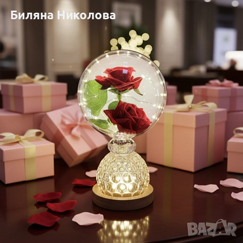 Лампа с вечни рози и топла LED светлина – подарък, който не увяхва, снимка 2 - Настолни лампи - 52510128