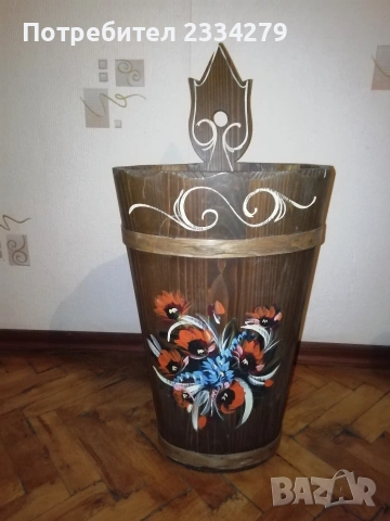Винтидж дървено ведро, кашпа, чадърник, ръчна изработка-рисувано. , снимка 2 - Антикварни и старинни предмети - 53662795