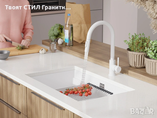 Бяла кухненска мивка за вграждане под плот Прага 80 Level 760 x 470 мм, снимка 5 - Мивки - 53994857