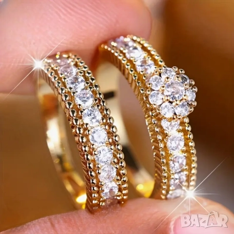 Комплект от 2 бр. дамски пръстени с цветя, кубичен циркон, снимка 3 - Пръстени - 43103294