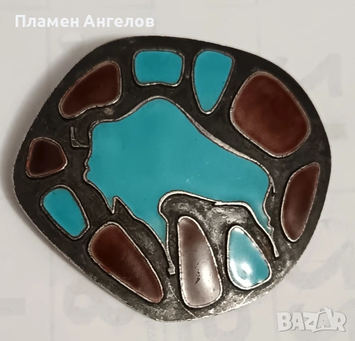 Рядка, ретро брошка, медальон - ЛЮЗМ емайл, посребрен мелхиор. 