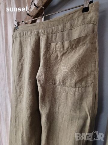 ЛЕНЕН зелен панталон с бродерия, широки крачоли- L , снимка 3 - Панталони - 46318424
