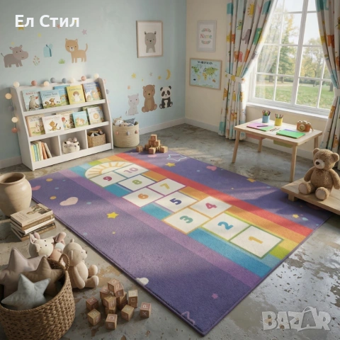 Детски килим за игра 120х160см - Тъмносин килим с облачета и дъга, противоплъзгащ и миещ се, снимка 3 - Други - 53928263