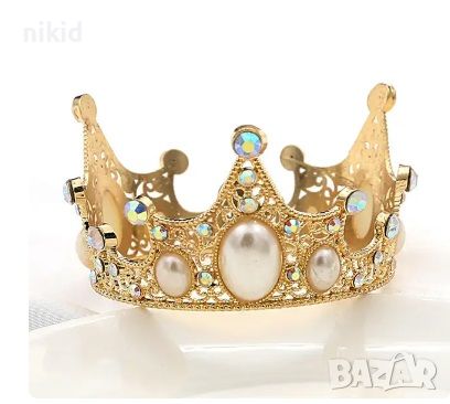 Метална златна корона с камъни и перли за декорация украса торта и др декор