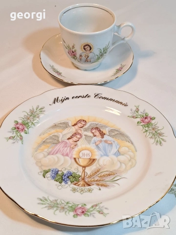 немски порцеланов троен сет за кафе с църковни мотиви 32/3