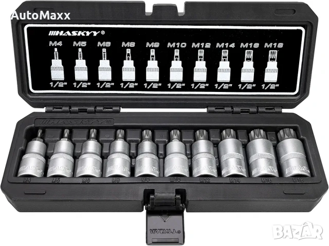 Комплект от 10 вложки Haskyy 1/2 инча, хром-ванадиева стомана, размери M4-M18 , снимка 2 - Гедорета - 54075386