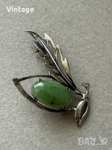 Старинна сребърна брошка с естествен рядък камък Нефрит, снимка 6 - Колиета, медальони, синджири - 54223525