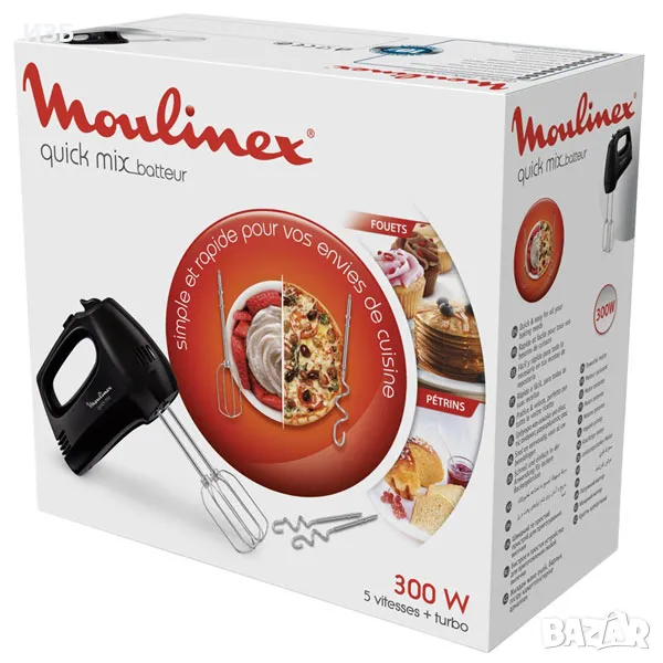 Moulinex Quick Mix, Ръчен миксер, 300 W, бъркалки и куки за тесто от неръждаема стоман, снимка 1