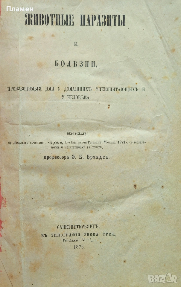 Животньiе паразитьi и болезни Э. К. Брандтъ /1873/, снимка 1