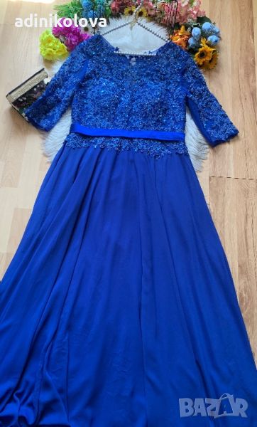 Официална турско синя рокля с бродерия и пайети, снимка 1