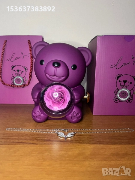 Сребърно колие с мече, роза и торбичка, рожден ден, годишнина, подарък, снимка 1