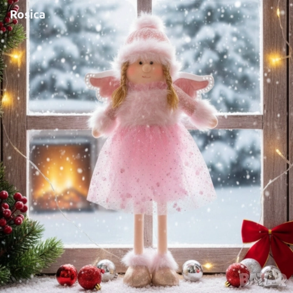 Декоративен текстилен коледен ангел в розово – 80 см, снимка 1