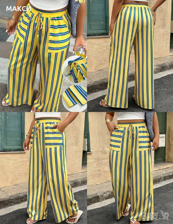 Макси красив ефирен панталон с широка и висока ластична талия, джобове, кор.вързалки и широки крачол, снимка 1