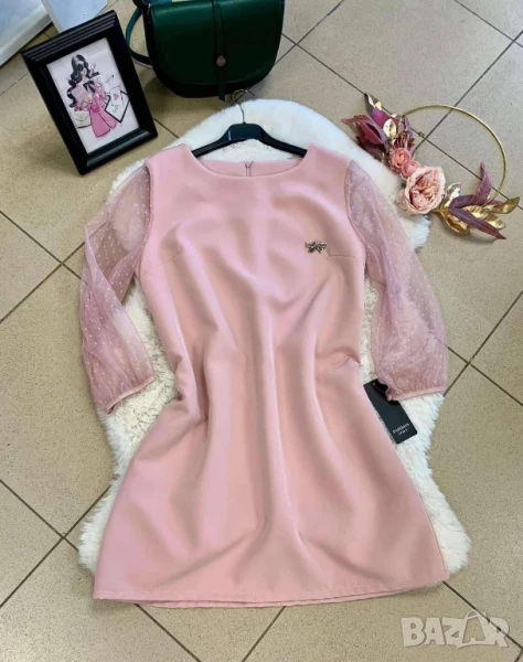 🌸Стилна дамска рокля с тюлен ръкав и брошка  , снимка 1