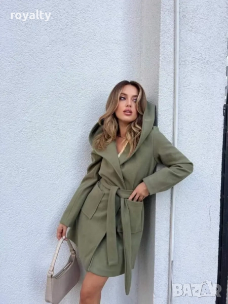 Дамско зелено палто с коланче и качулка в 3 цвята, снимка 1