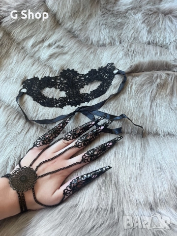 Черна перлена огърлица дантелена маска за лице готик гривна черни кристали черни пръстени, снимка 5 - Гривни - 52426386