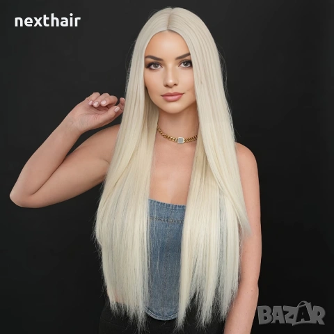 Перука 80 см — платинено светло руса, дълга права, синтетична, с път, снимка 2 - Аксесоари за коса - 53020160