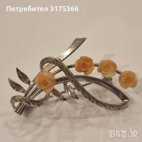 Стара сребърна брошка  с рози от кварц, снимка 1 - Други ценни предмети - 45640911