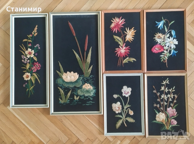 Картини с бродирани цветя -6 бр. комплект, снимка 13 - Картини - 51485449