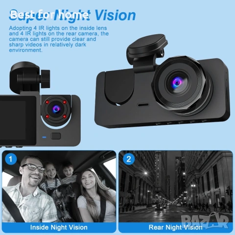 3-канална видеорегистратор за автомобили отпред и отзад, снимка 4 - Други - 53204314