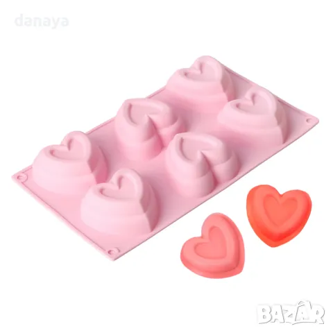 5851 Силиконова форма за мъфини Двойни сърца, 6 гнезда