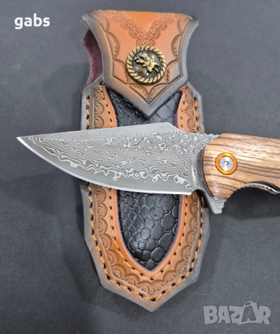 Сгъваем нож дамаска стомана с кожена кания,SD16, снимка 8 - Ножове - 52949472