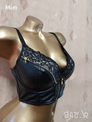 75 C Черен сутиен от еко кожа и дантела , снимка 5 - Бельо - 50028475