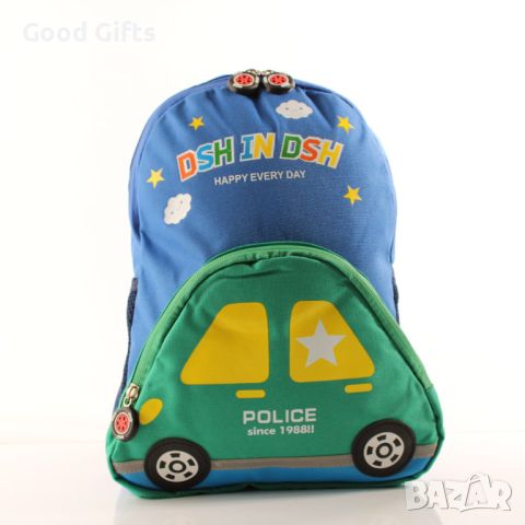 Детска раница Полиция, Синя със зелена полицейска кола, снимка 2 - Раници - 46362376