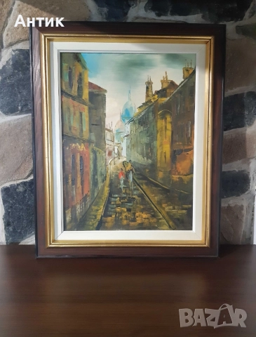 Красива Стара Картина Уличен Пейзаж Живопис Маслени Бои Дървена Рамка, снимка 9 - Антикварни и старинни предмети - 52566487