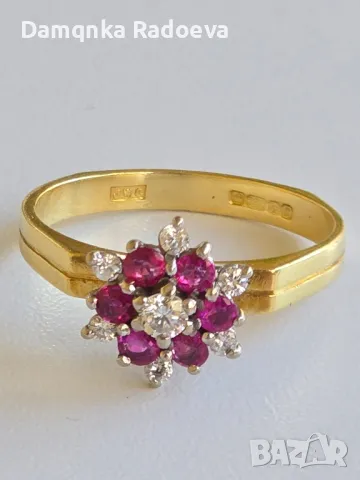 Златен пръстен с Диаманти и Рубини 18 карата проба 750, снимка 10 - Пръстени - 49783320