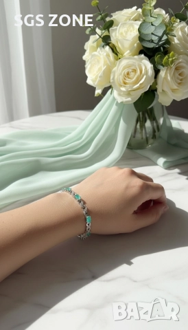 Ръчно изработена сребърна гривна със зелен опал и символ за безкрайност, снимка 6 - Гривни - 52604705