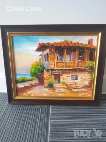 Димитър Генев 33x27см/малка българска картина масло върху платно/стара къща край морето