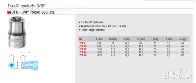 FACOM JTX Вложка 3/8" вътрешен торкс - различни размери и цени, снимка 2 - Гедорета - 32579520