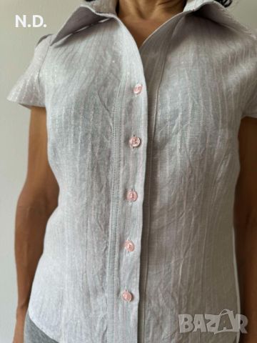 Дамска лятна блуза с къс ръкав и яка, бежева ленена-Gevanel, размер S, снимка 3 - Ризи - 45163102