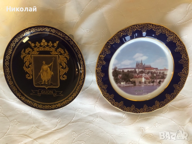 Порцеланови чинии син кобалт, декорирани с 22К злато, Хихон / Gijon и Прага, с поставки, нови, лот, снимка 4 - Колекции - 36404475