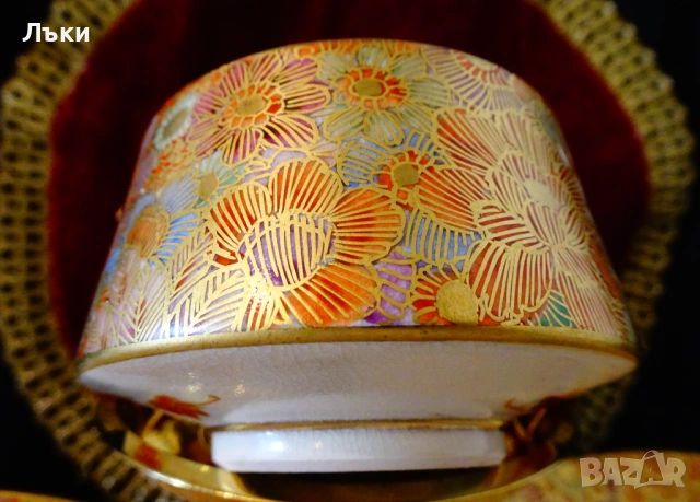 Чаша с чинии японски порцелан Satsuma Shosan Meiji,злато. , снимка 3 - Антикварни и старинни предмети - 53249715