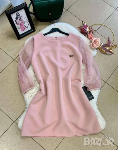 🌸Стилна дамска рокля с тюлен ръкав и брошка  