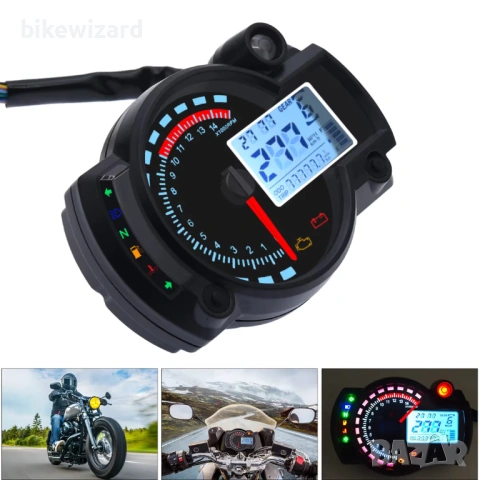 Цифров скоростомер за мотоциклет LCD тахометър 0–299 км/ч 14000 об/мин 7-цветна подсветка – RX2N НОВ, снимка 4 - Части - 54152814