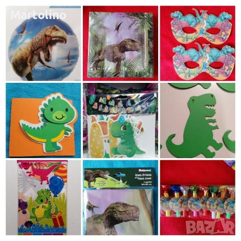Картонена торта Динозаври,покривка,чинийки,свирки,маски,балон, снимка 2 - Други - 53100687