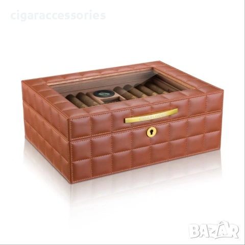 Хумидор за 50 пури – кедър, кожа, стъкло, дигитален хигрометър, снимка 2 - Табакери - 53924157