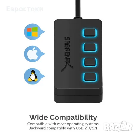 SABRENT 4-портов USB 3.0 хъб с индивидуални LED превключватели, снимка 8 - Кабели и адаптери - 47842235