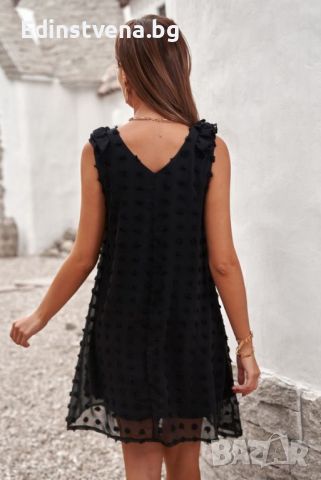 Дамска рокля в черно с къдрички и принт на точки, снимка 3 - Рокли - 46413803