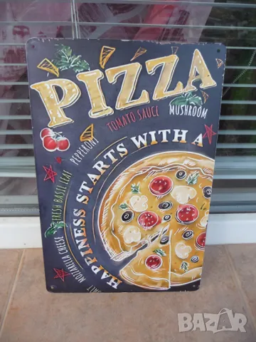 Метална табела храна пица доматен сос моцарела гъби вкусна маслини XXL размер голяма малка средна