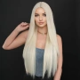 Перука 80 см — платинено светло руса, дълга права, синтетична, с път, снимка 2