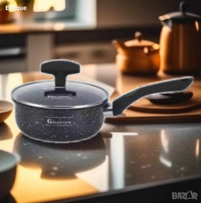 Касерола с капак Goldmann GM 1303-16, 16 см., Алуминий, Мрам. покр., Черен, снимка 1
