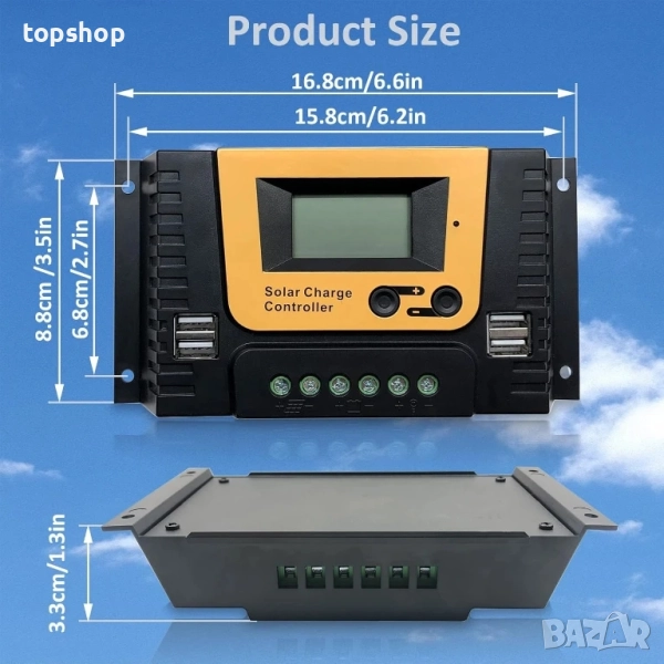 НОВ NUOFUWEI 20A PWM соларен контролер, 12V-48V автоматичен, 4 USB порта, алуминиева сплав..., снимка 1