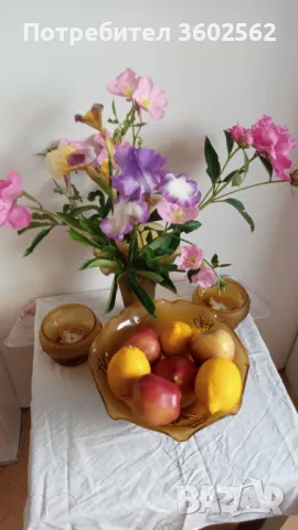 Комплект Фруктиера, ваза и купи от цветно стъкло, снимка 6 - Вази - 47740642