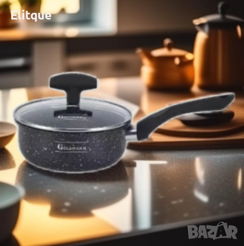 Касерола с капак Goldmann GM 1303-16, 16 см., Алуминий, Мрам. покр., Черен