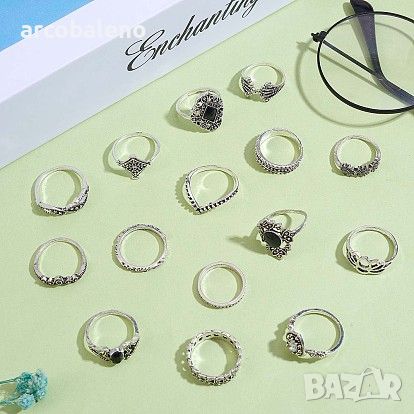 Дамски комплект от 15бр. стилни метални пръстени, снимка 2 - Пръстени - 45519743