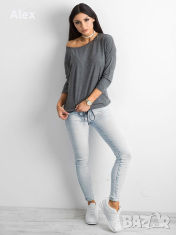 Памучна дамска блуза - Тъмносива - XS, снимка 4 - Блузи с дълъг ръкав и пуловери - 44941247
